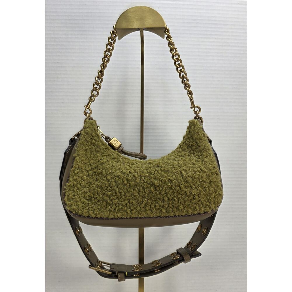 Tory Burch 151 Mercer‎ Bouclé Small Crescent Shoulder Bag in a green and brown.